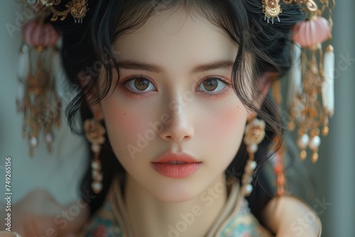 close-up portrays a Taiwanese girl adorned in traditional local festival attire, her image enhanced with a highly commercial retouch, evoking a fairytale-like aura. © Surachetsh