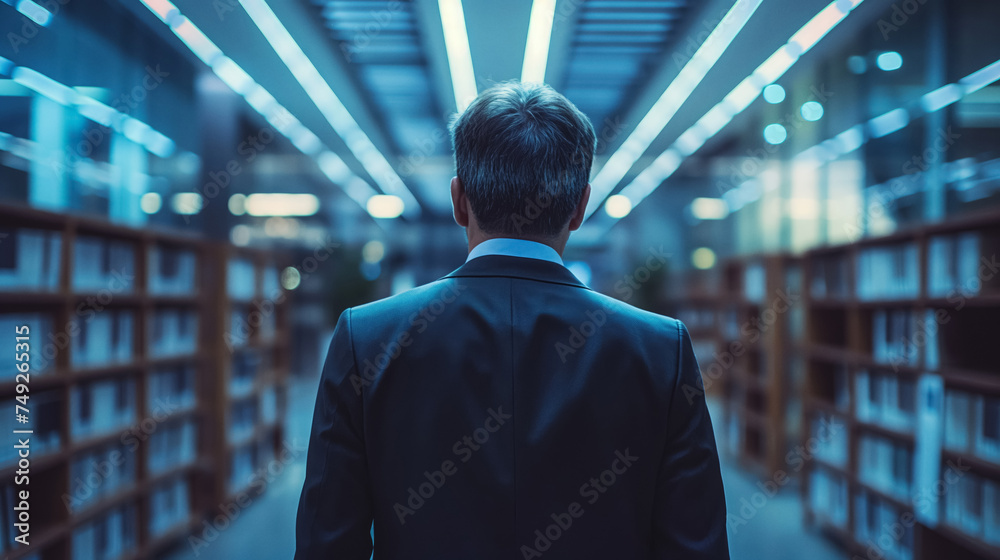 Fototapeta premium Man standing in library aisle.