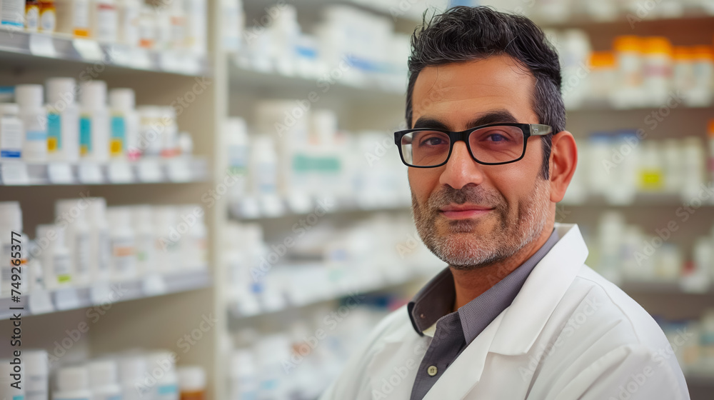 Pharmacist with glasses in a pharmacy. Pharmacist with glasses in a pharmacy.