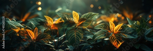 Background Dark Green Tropical Leaves, with lights, light black and yellow, Background HD, Illustrations