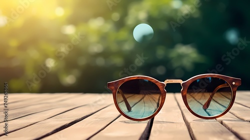 A pair of sunglasses resting on a wooden table.