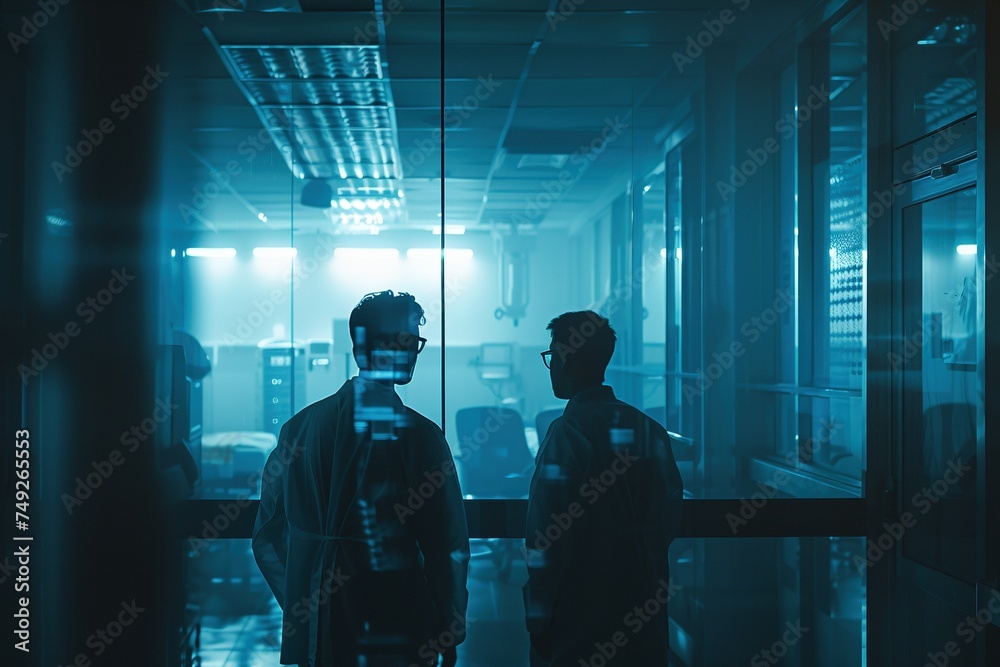 Fototapeta premium Medical Professionals in Action: Two Dedicated Doctors Intently Observing a Hospital Room, Portrayed with Realistic Depictions of Human Form and Blended Mechanical Designs