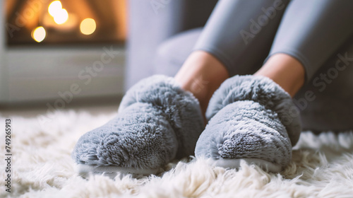 Woman wearing warm slippers at home, closeup. Winter fashion photo
