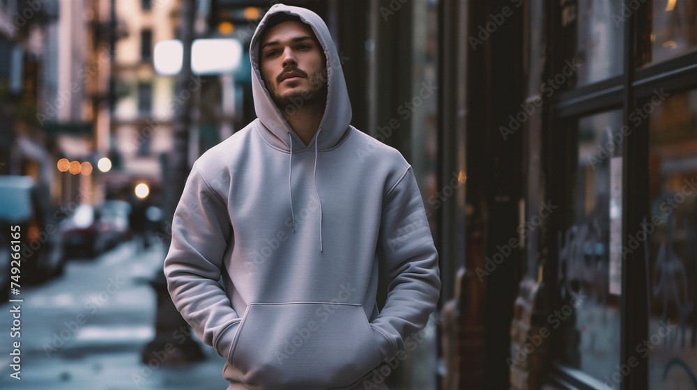 Fototapeta premium Portrait of a young man in a gray hoodie in the city