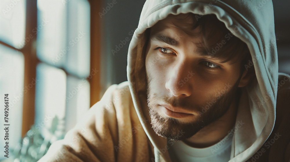 Portrait of a young man with a beard in a hood. Portrait of a young man with a beard in a hood.