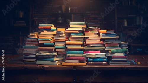 A stack of colorful books neatly arranged on a desk.