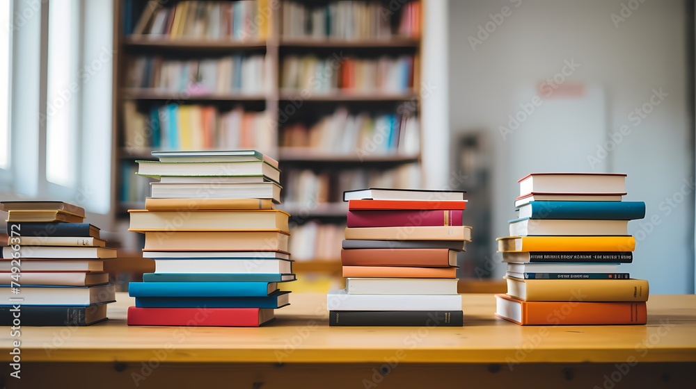 A stack of colorful books neatly arranged on a desk. A stack of colorful books neatly arranged on a desk.