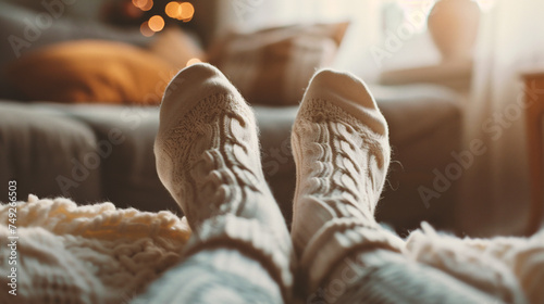 Feet of young woman in warm socks at home, closeup