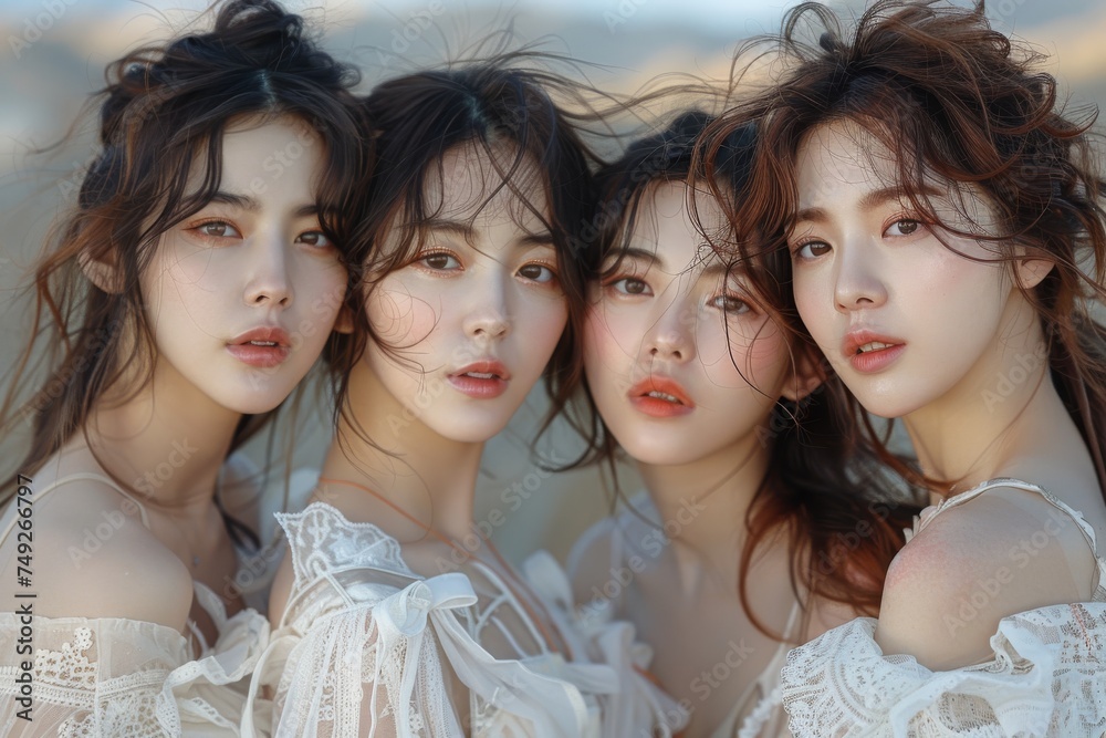Obraz premium With features akin to those from angelic tales, Taiwanese girls elegantly wears an international gala dress, embodying celestial beauty.
