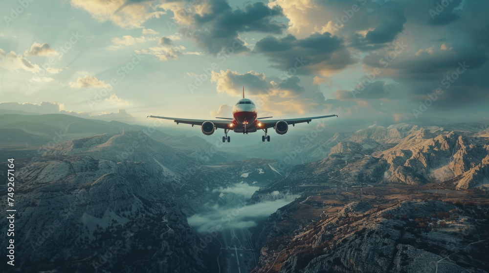 A commercial airplane approaches for landing against a dramatic sky at sunset. A commercial airplane approaches for landing against a dramatic sky at sunset.