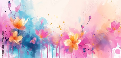 Fototapeta water color ink painting with spring bright color flowers and leaves, abstract background