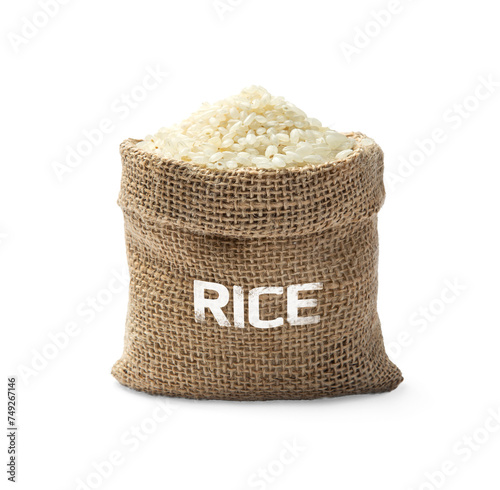 Raw rice in sack isolated, representing food grains and ingredients in agriculture, PNG transparency with shadow