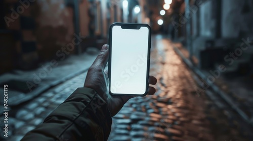 foreground features a hand holding up a smartphone with an empty white screen, while the background reveals an old European-style alleyway