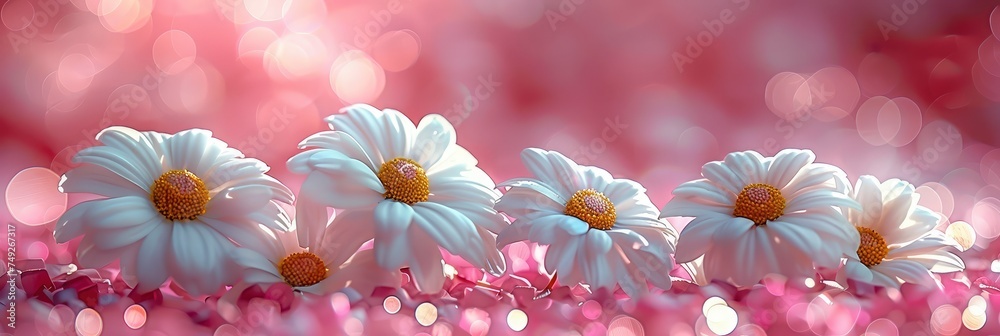 White Chamomile Flowers On Pink Background, with lights, light black and yellow, Background HD, Illustrations