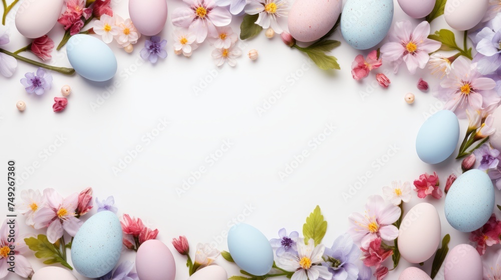 Flat lay frame with easter eggs and spring flowers  on white background