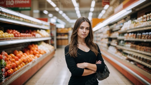 Portrait of beautiful young woman standing in supermarket and looking at camera