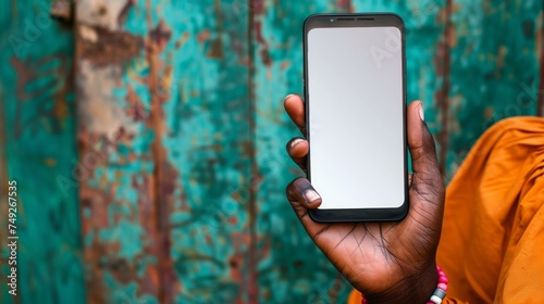 hand is holding a smartphone with a blank screen, ready to be customized, against a rustic, colorful background