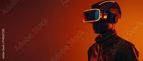 A mysterious individual immersed in virtual reality experience, highlighted by the vibrant red backlight