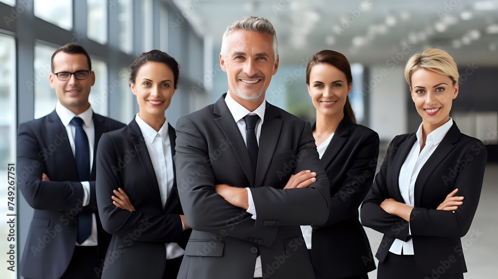 A group of five business professionals, dressed in suits, stand A group of five business professionals, dressed in suits, stand