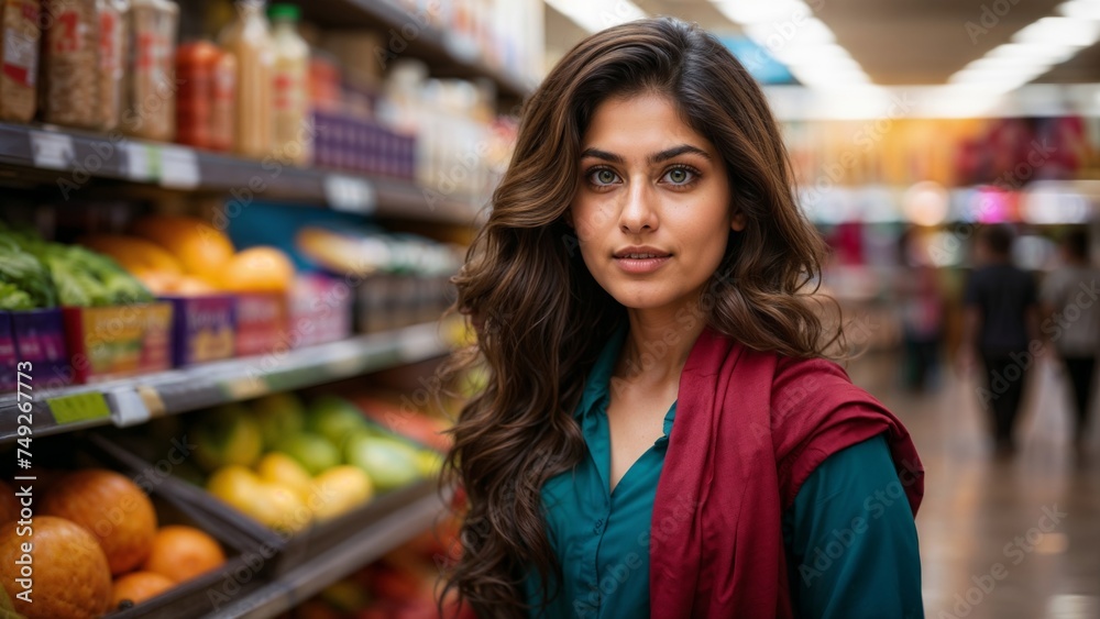 Portrait of beautiful young woman standing in supermarket and looking at camera Portrait of beautiful young woman standing in supermarket and looking at camera