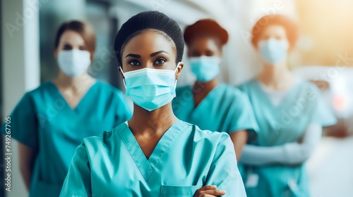  A group of four female doctors wearing surgical masks and scrub