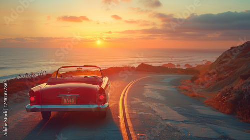 Vintage convertible car parked on a coastal road at sunset, with a vibrant sky and the ocean in the background. photo