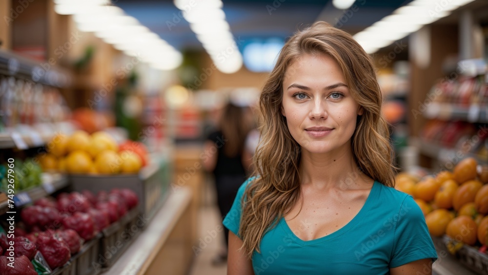 Portrait of beautiful young woman standing in supermarket and looking at camera