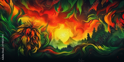 Watercolor painted forest in a reggae style.