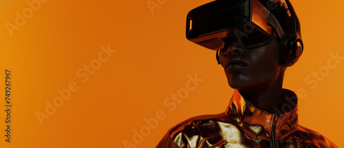 Highlighting modern entertainment, a man is captured in a shiny VR outfit against a bright orange backdrop, depicting a high-tech lifestyle