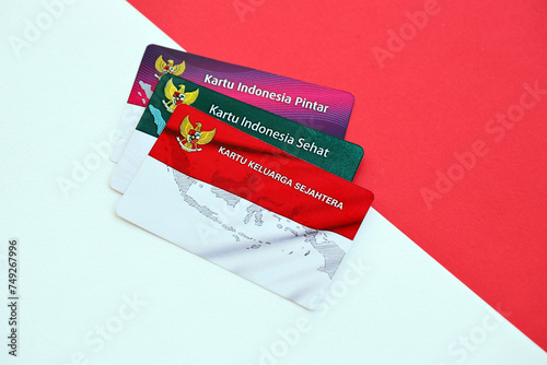 Indonesian prosperous family card, smart indonesia card and healthy card. KIS, KIP and KKS cards for financial support for citizens or residents photo