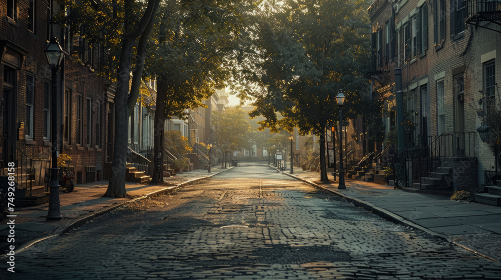 A serene morning on an empty cobblestone street lined with historical brick townhouses and lush green trees, as the sun rises casting a warm golden glow and long shadows.