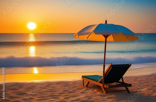 sunset on the sea sandy beach parasol sunbed