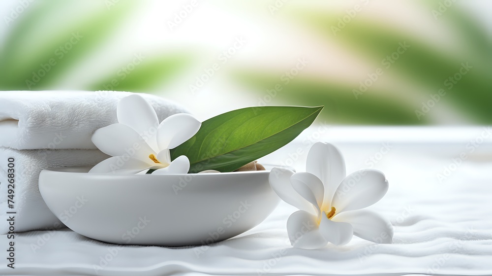 White frangipani flowers and green leaf in white bowl with soft White frangipani flowers and green leaf in white bowl with soft