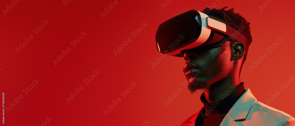 A modern figure captures attention with a VR headset, set against a red tone, representing the intersection of human and virtual experiences