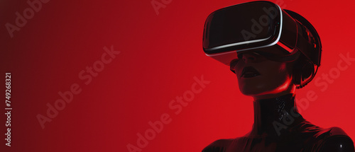 A stylish young man engages with virtual reality technology against a vibrant red backdrop, depicting modern entertainment