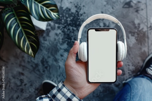 hand is holding a smartphone with a blank screen, with white headphones hanging on it, standing next to a potted plant