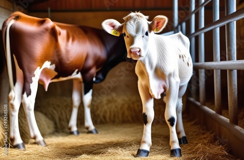 Veterinarian checking baby calf in cowshed