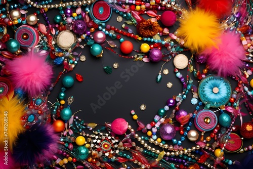A vibrant array of festive decorations arranged in a top-down view, creating a captivating festival background with ample copy space for text.