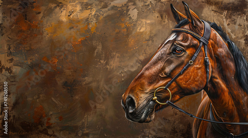 Portrait of a brown horse wearing a bridle.