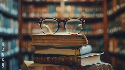 A stack of books with a pair of glasses on top photo