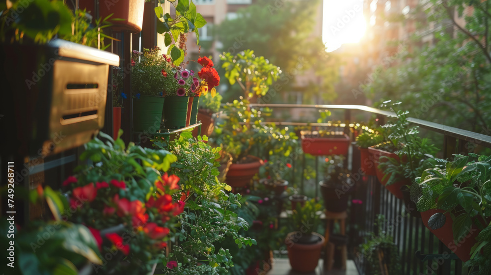 An urban balcony garden at sunset with lush green plants and vibrant flowers in various containers, bathed in warm, golden sunlight.
