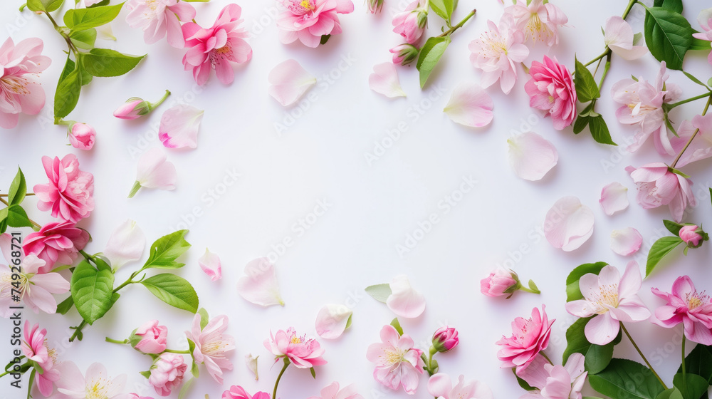 Delicate pink spring flowers arranged in a frame with space for text.