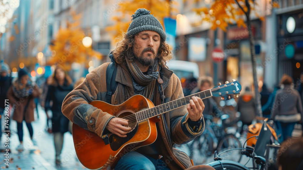 A street musician with curly hair plays an acoustic guitar on a bustling city street adorned with autumn foliage. A street musician with curly hair plays an acoustic guitar on a bustling city street adorned with autumn foliage.