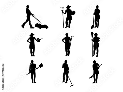 Set of Woman Gardening Silhouette in various poses isolated on white background