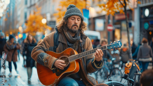 A street musician with curly hair plays an acoustic guitar on a bustling city street adorned with autumn foliage.