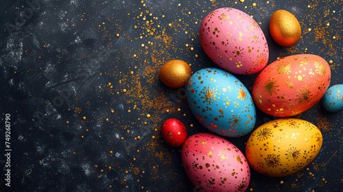 Colorful Easter Eggs in Various Colors on the Background with Golden Decor  Copy Space 