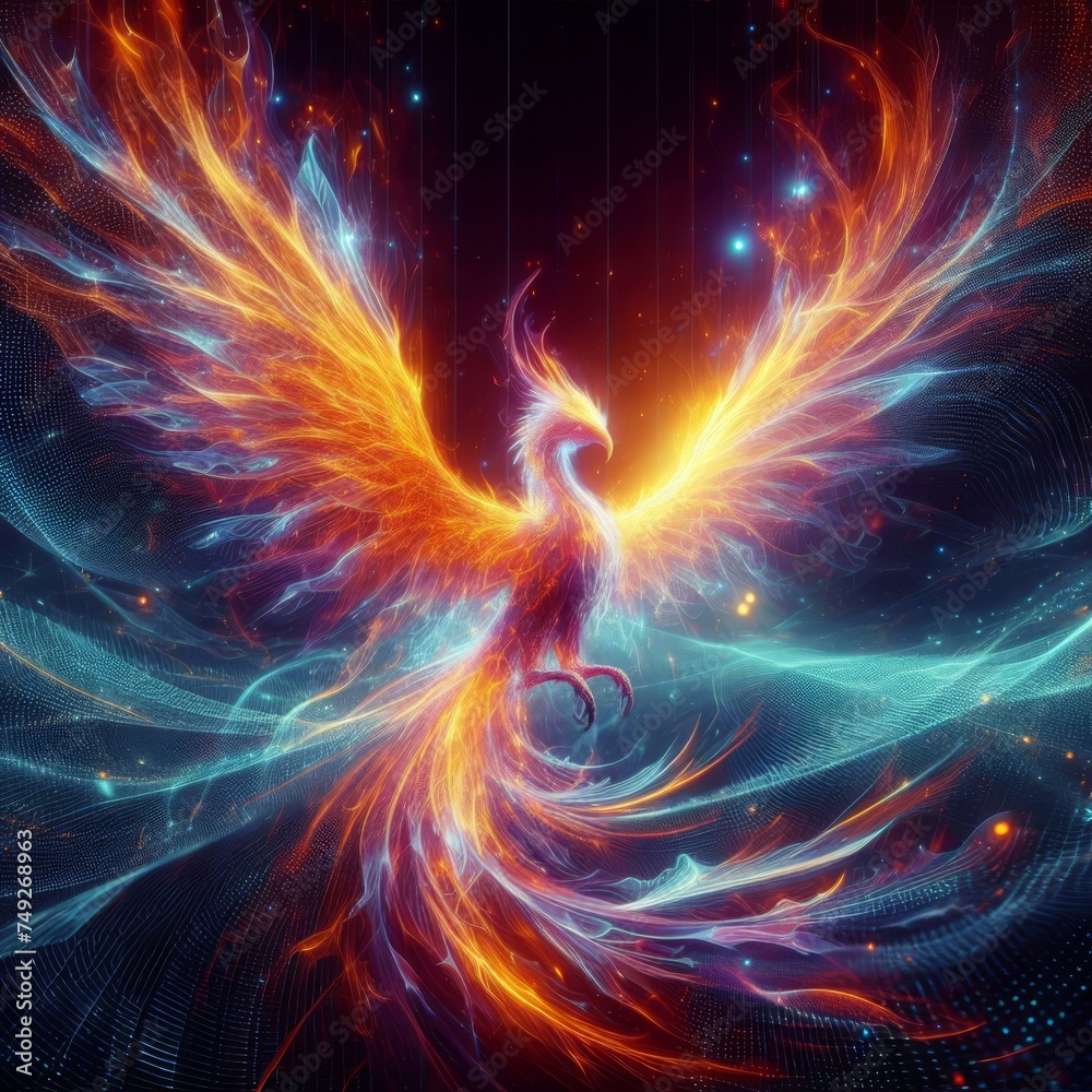 A mythical phoenix rises from the stellar depths, embodying rebirth in a digital universe. This striking artwork symbolizes transformation and the eternal cycle of life. AI generation
