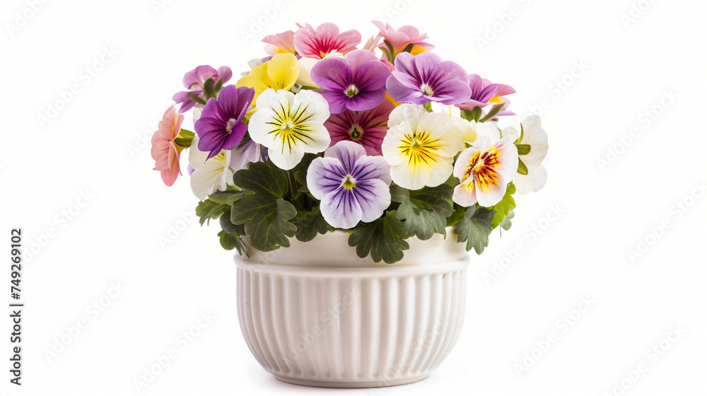 Primula flowers with a white pot on isolated background