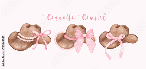 Watercolor Coquette Cowgirl Hat with pink ribbon bow collection. Feminine cowboy hat Whimsical Illustration banner.