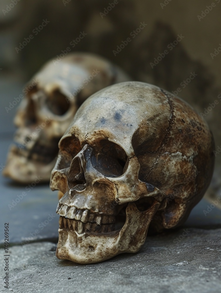 Two skulls with ample blank area, emphasizing the skull in the front. Perfect for Halloween or a conceptual representation of mortality and science. Two skulls with ample blank area, emphasizing the skull in the front. Perfect for Halloween or a conceptual representation of mortality and science.